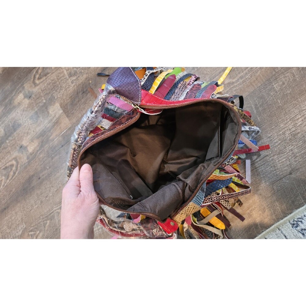 Multicolor Fringe Shoulder Bag Animal Print Zip Gold Hardware Women Leather - Picture 3 of 15